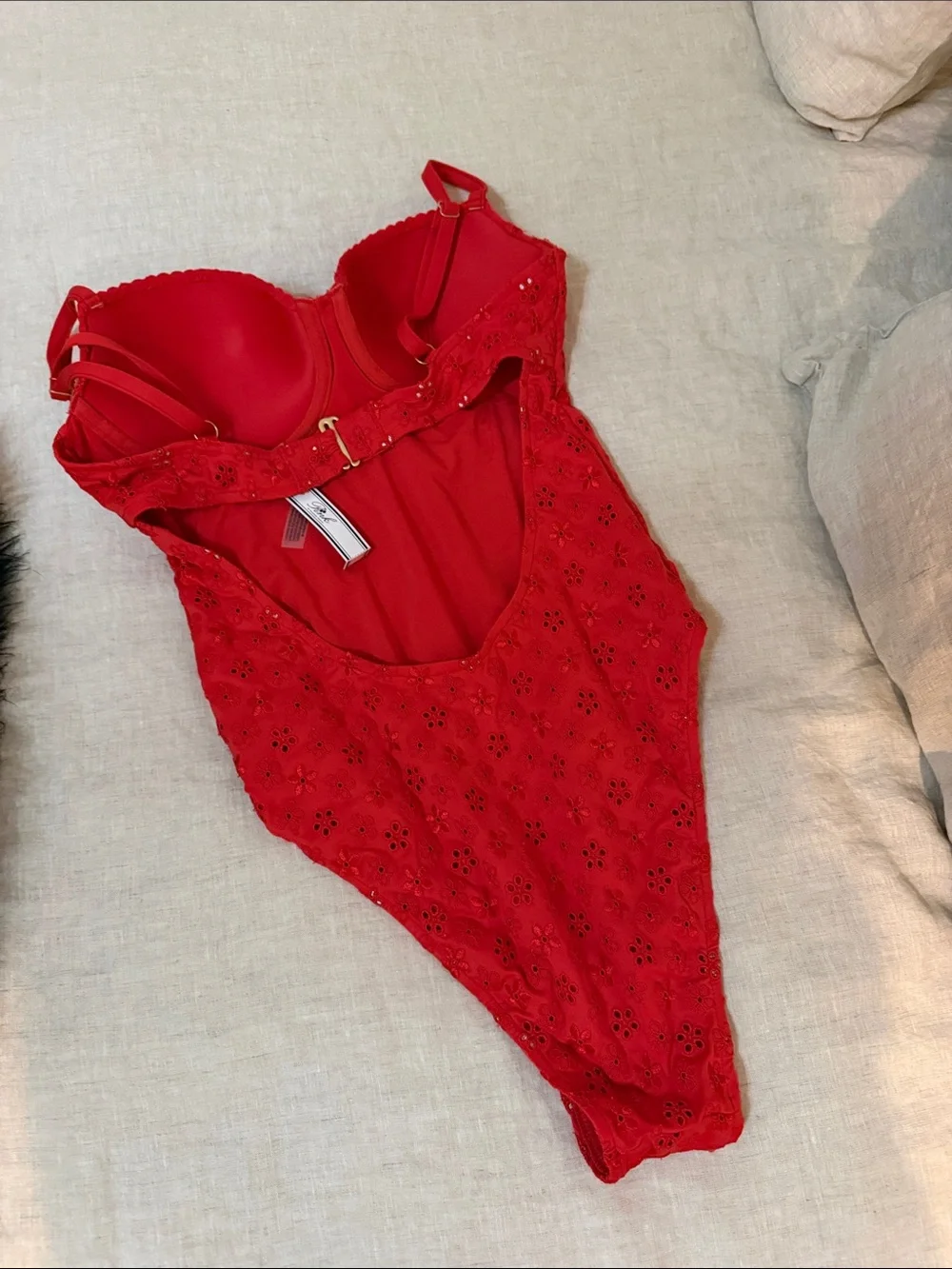 Frankie’s Bikinis x Pink Red Eyelet Lace One-Piece Swimsuit